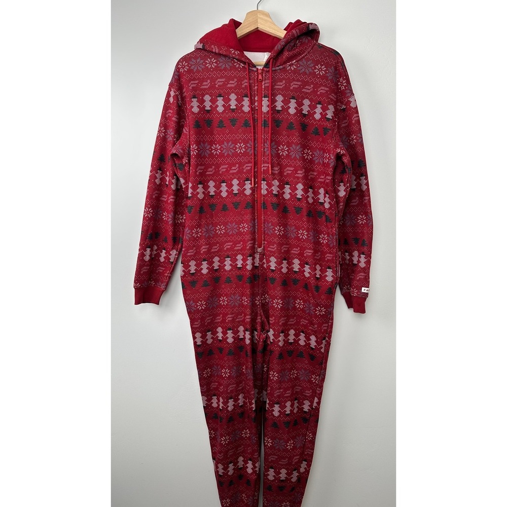 Fabletics Hooded One Piece Size Medium Red Fair Isle Snowman Christmas Jumpsuit